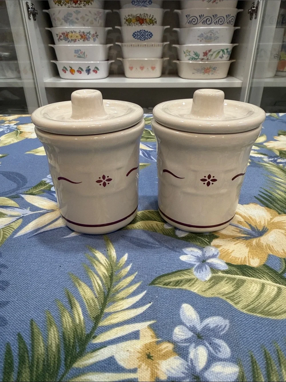 Longaberger Cream Ceramic Canister Pair with Maroon Trim